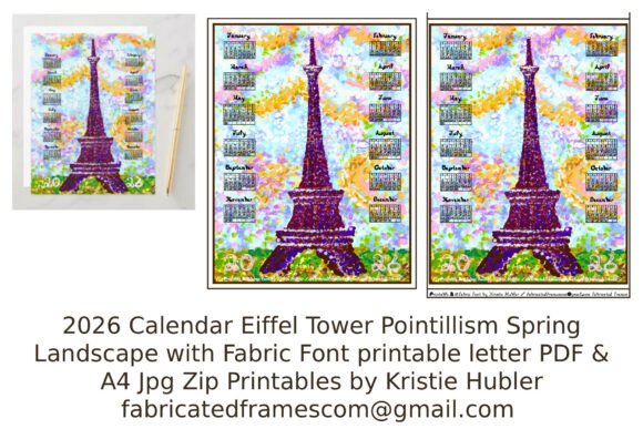 2026 Calendar Eiffel Tower Fabric Font